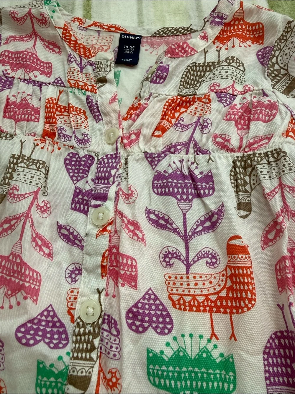 Old Navy White Peasant Top with Multicolor Bird & Flower Print